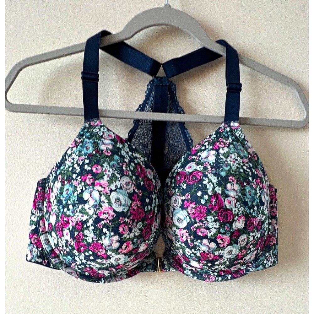 Cacique 42DD Floral Underwire Front Closure Racerback T-Shirt Bra Navy